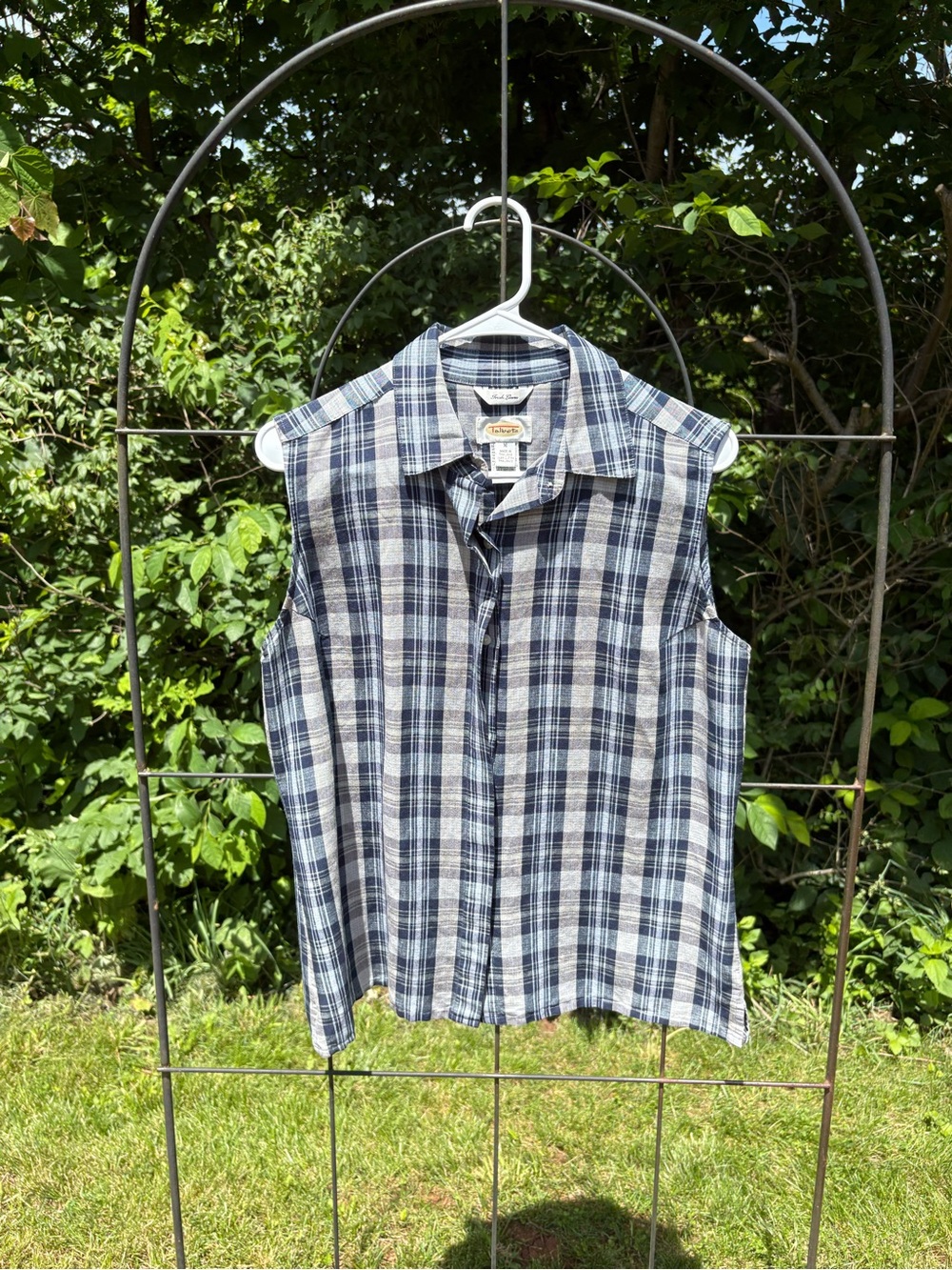 Talbots Navy Blue Beige Gray Plaid Button-Front Shirt Sleeveless Linen-Blend - Picture 6 of 12